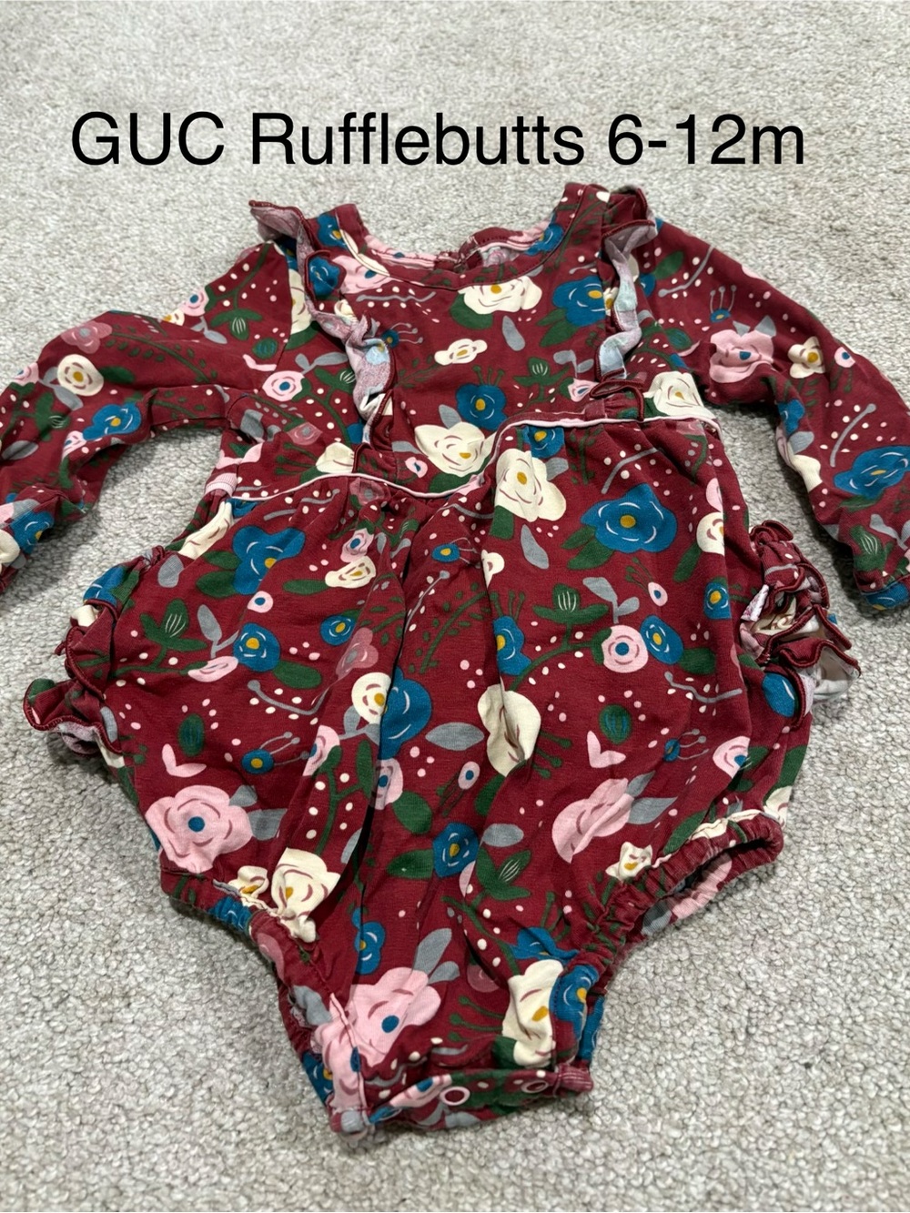 RuffleButts Floral Long-Sleeve Bubbke - Burgundy Roses